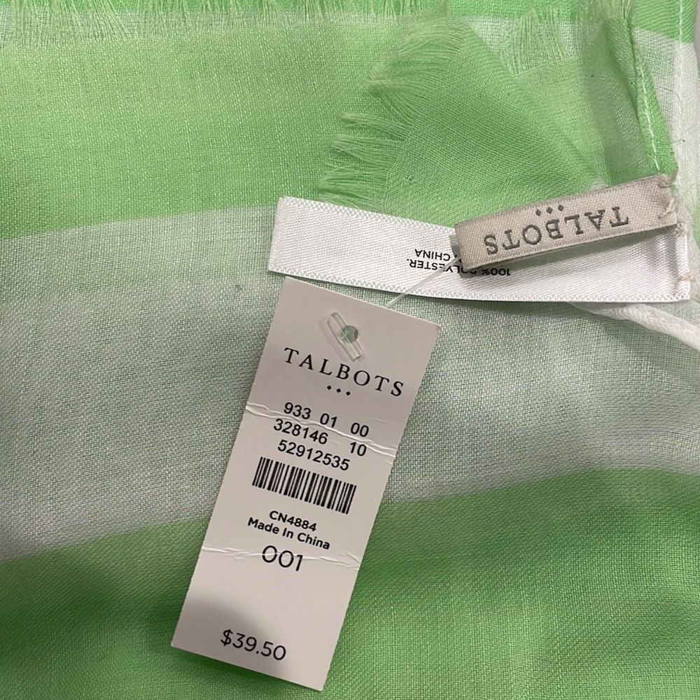 New. Talbots stripped scarf in white and green